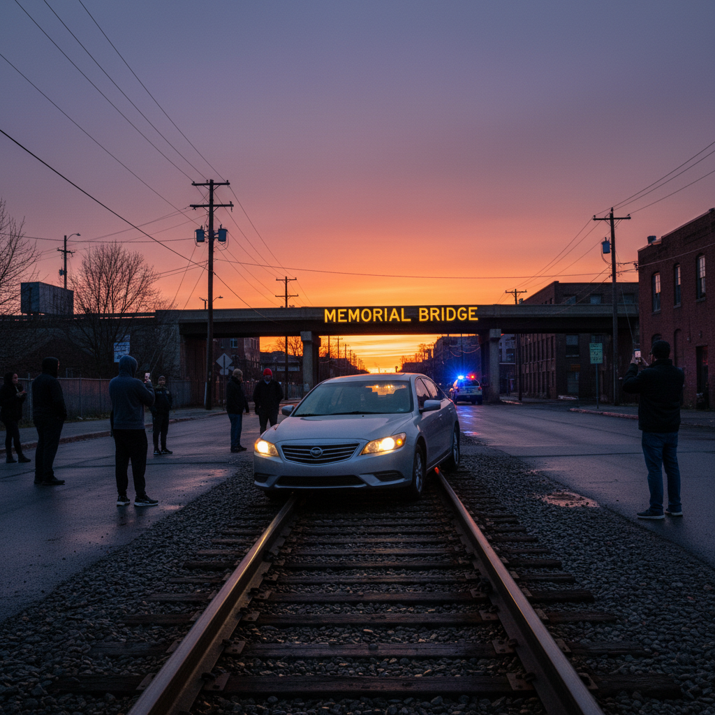 A silver car just got stuck on Memorial's train tracks. Seriously.