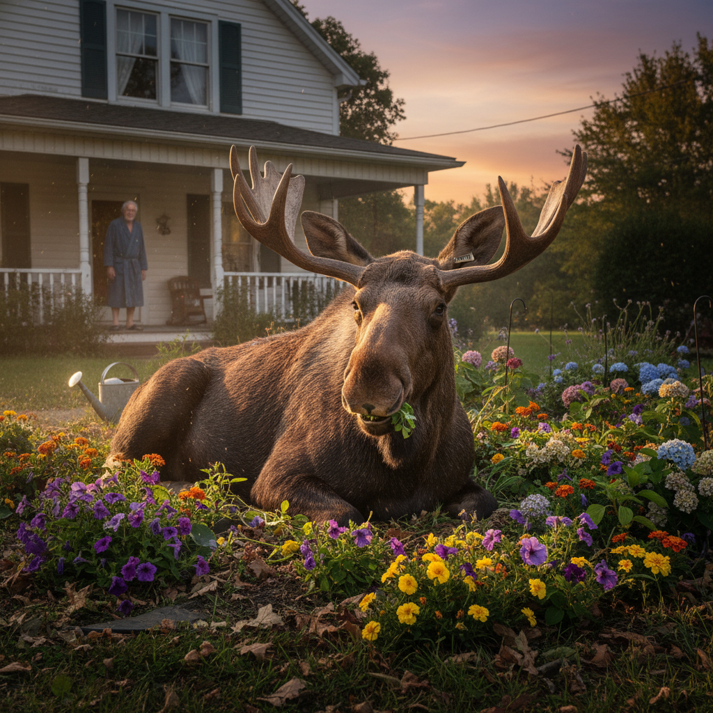 A moose named Roberta moved into someone's flowerbed.