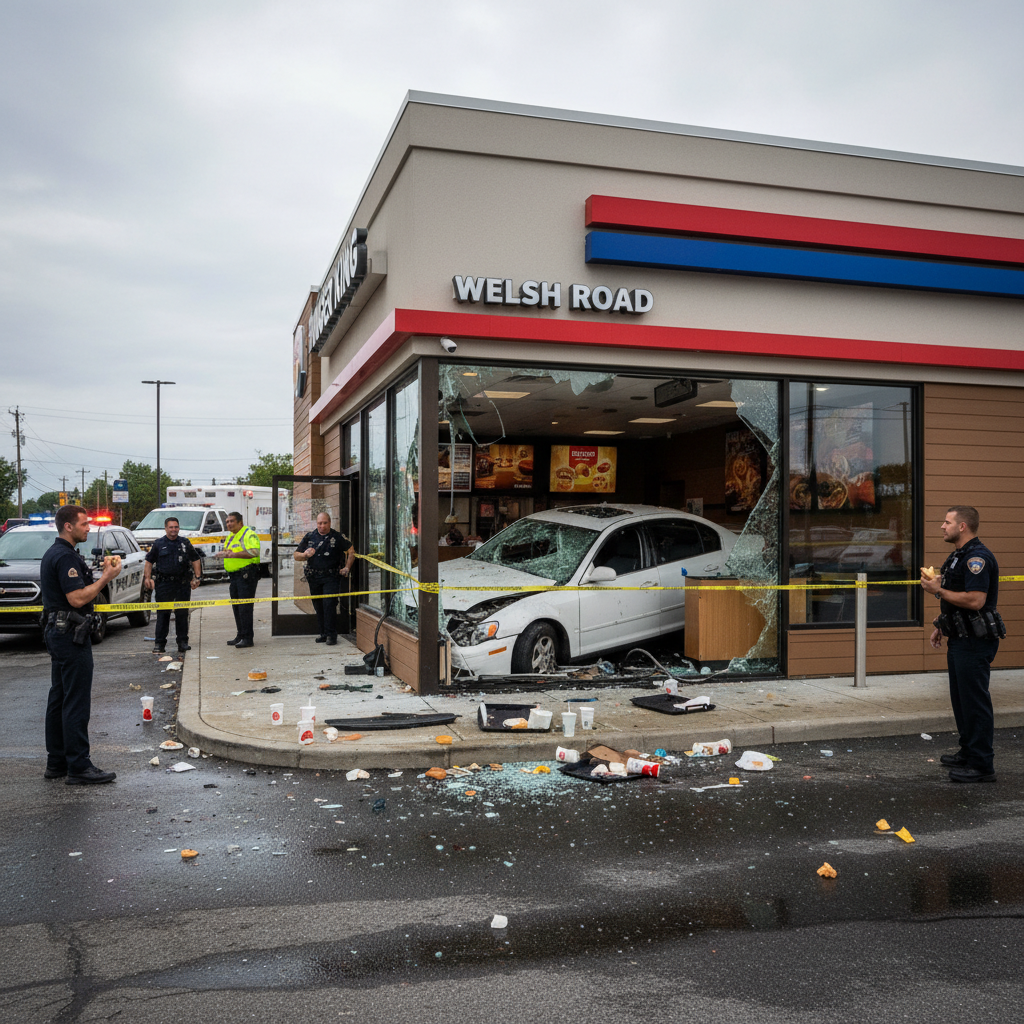 A car just crashed the Welsh Road Burger King for lunch.