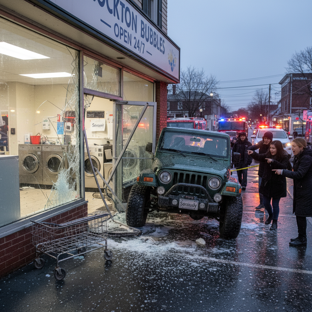 A Jeep just drove *into* a Brockton laundromat. Seriously.