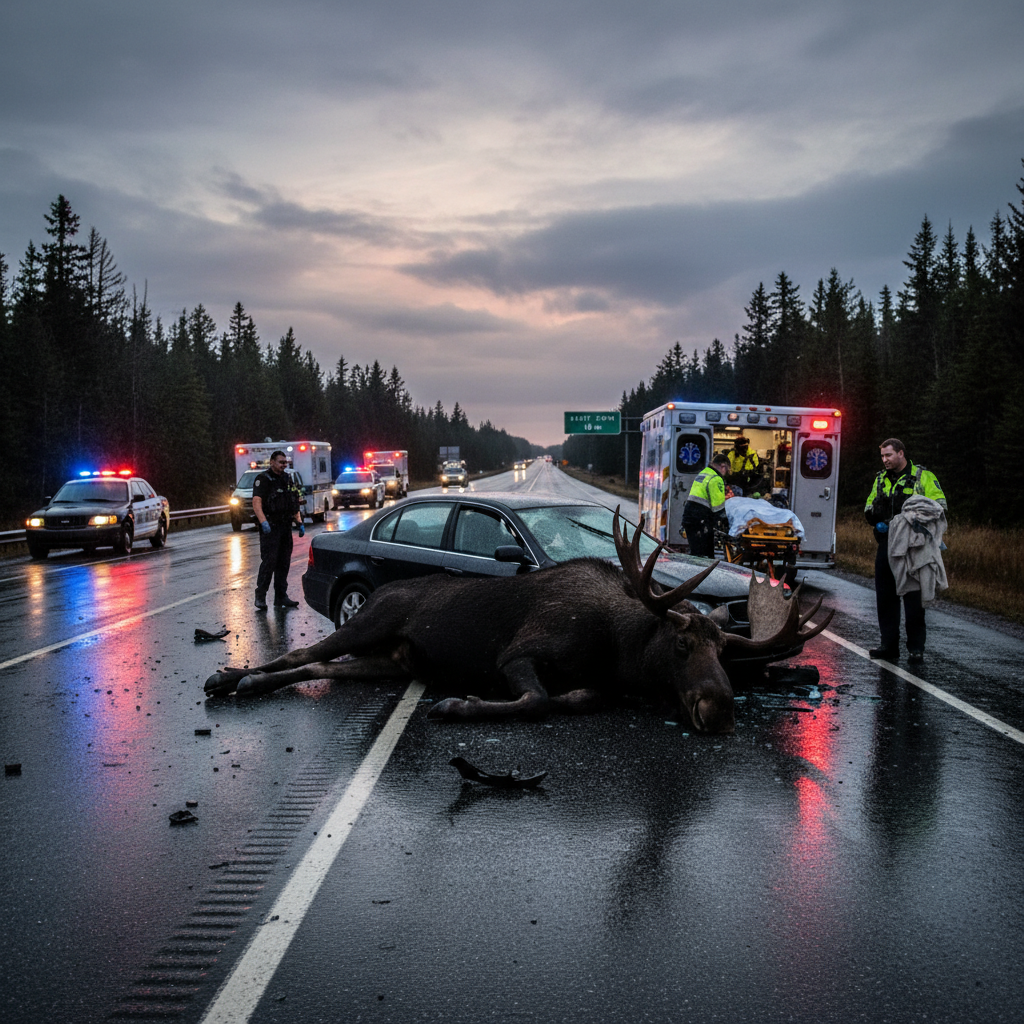 A moose on the highway just killed someone near Saint John.