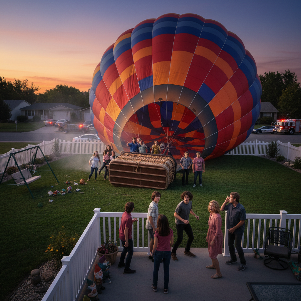 A hot air balloon with 13 people just landed in your backyard?
