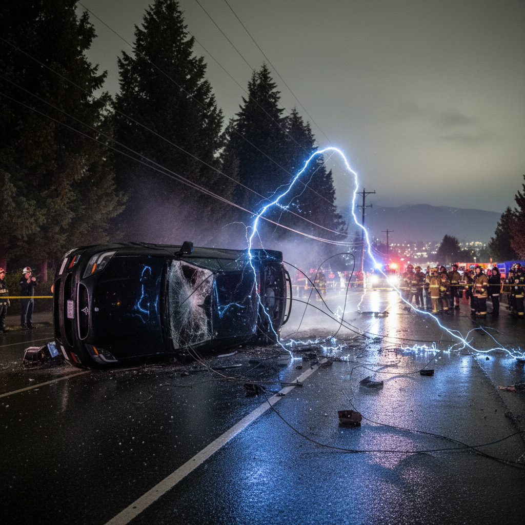 Someone rolled their car in West Kelowna. Live wires are sparking.