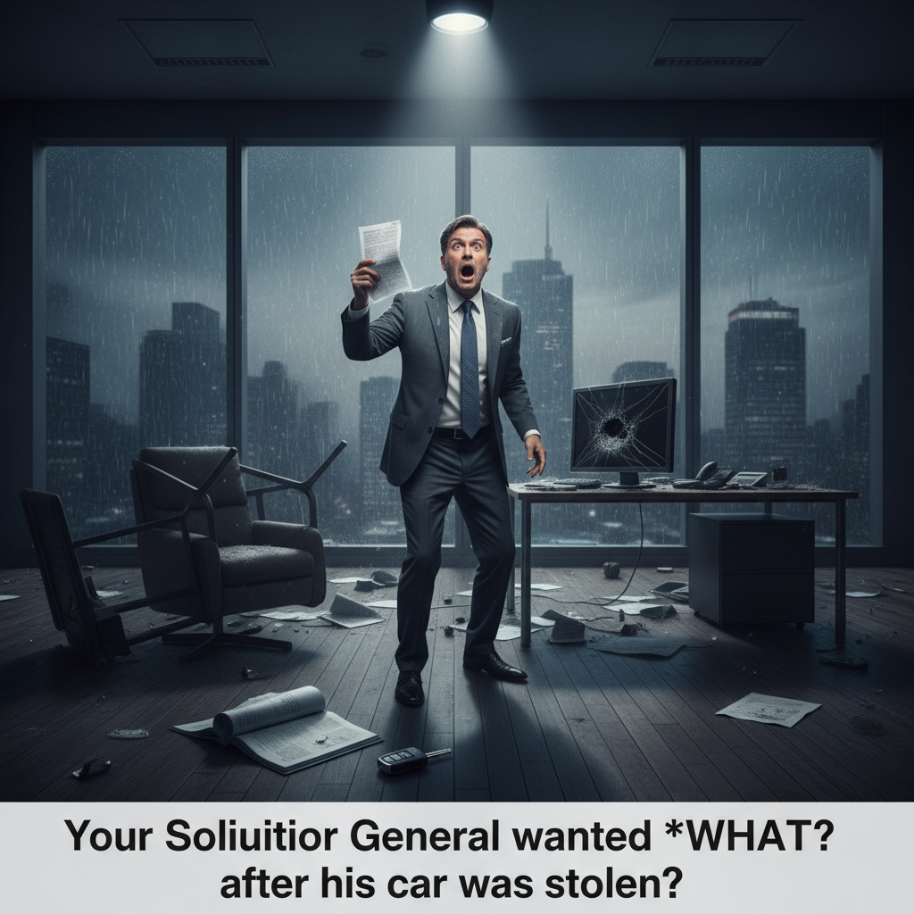 Your Solicitor General wanted *what* after his car was stolen?