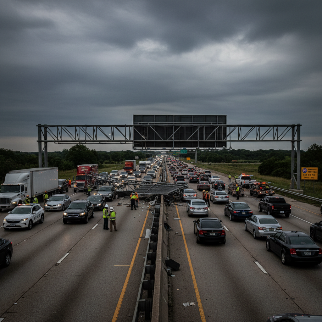 I-35 is chaos today: A sign fell last night.