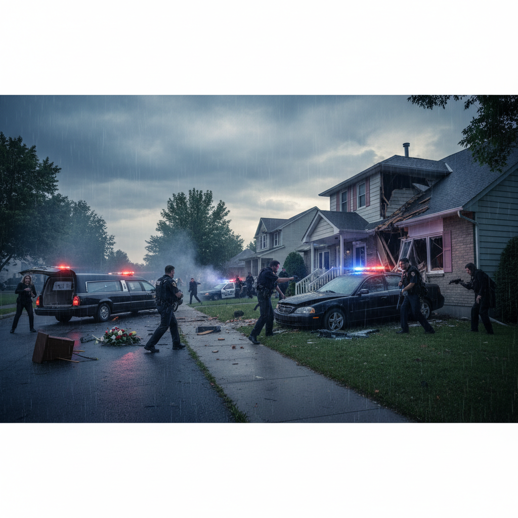 A funeral in Burlington ended with a police chase and a house crash.