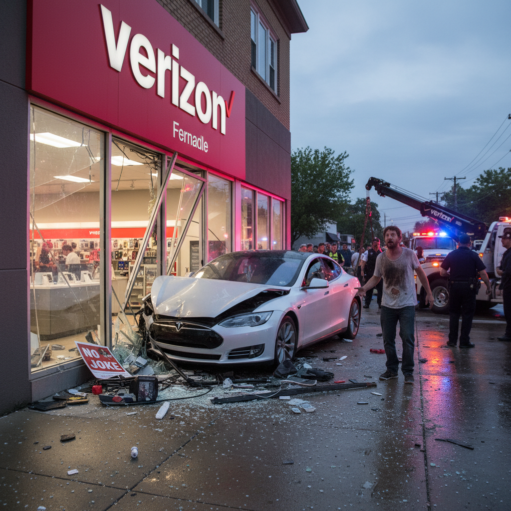 A dude crashed his Tesla into a Ferndale Verizon store. No joke.