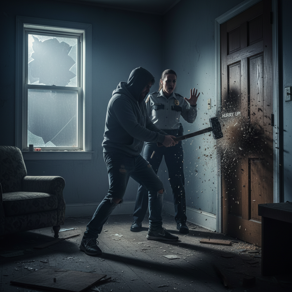 Your Sault Ste. Marie bail supervisor told him to "hurry up" smashing a door.