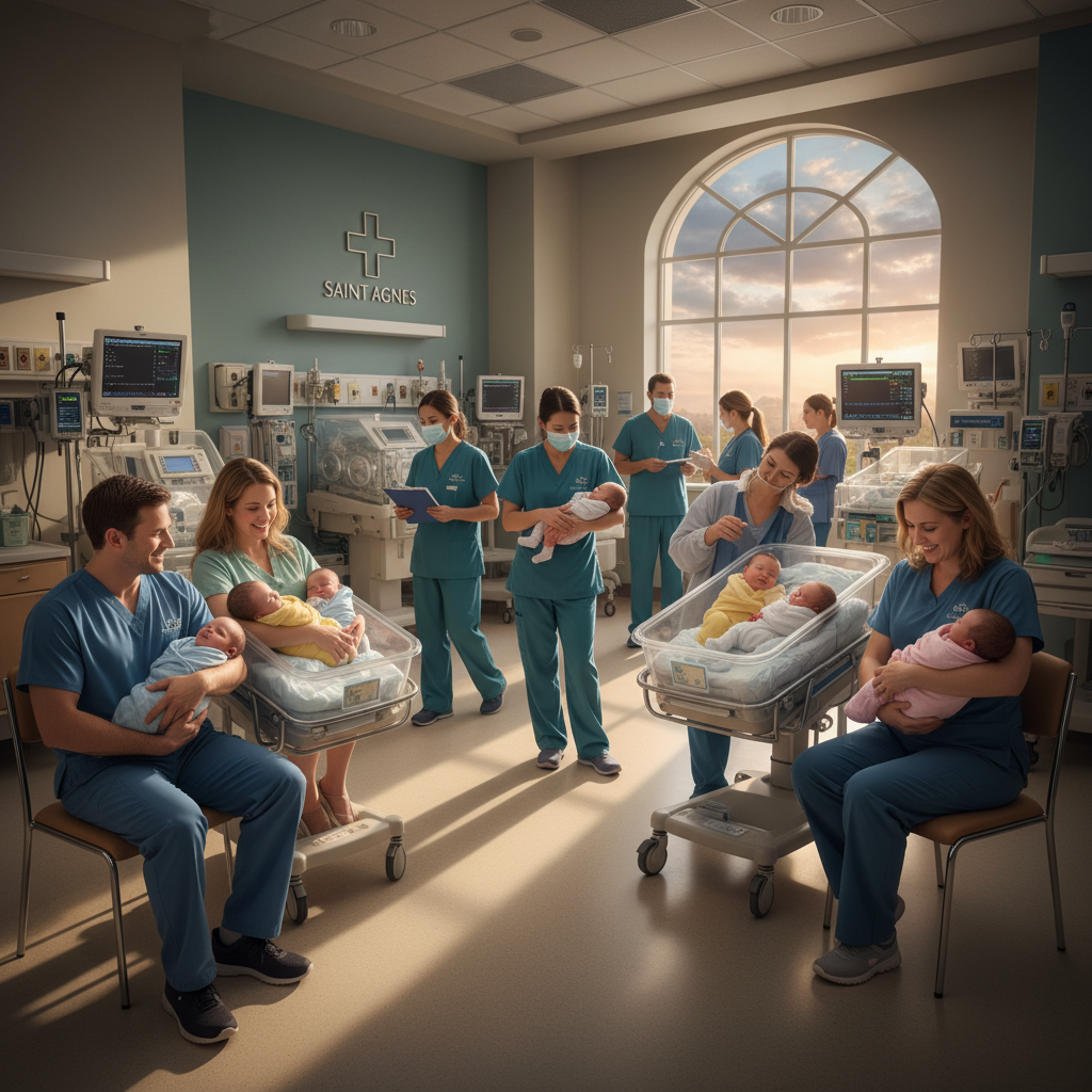 Your Saint Agnes just delivered three sets of twins in 72 hours.