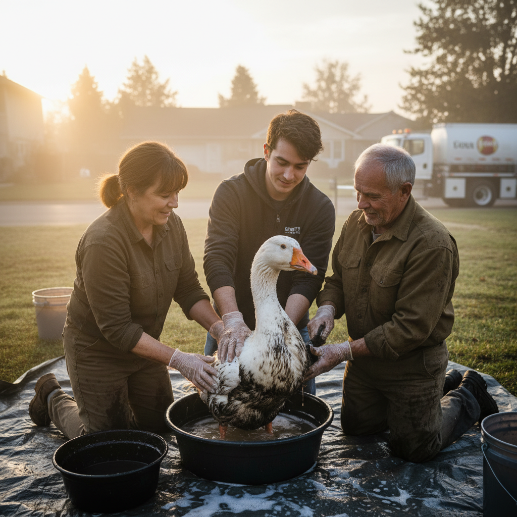 Your neighbours just saved a goose covered in oil. Here's how.