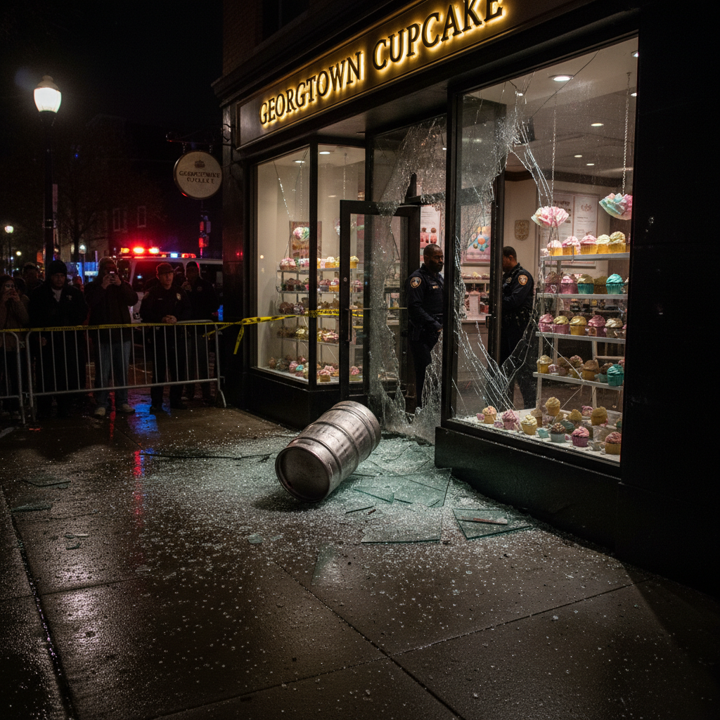 Someone threw a keg through Georgetown Cupcake's window. Seriously.