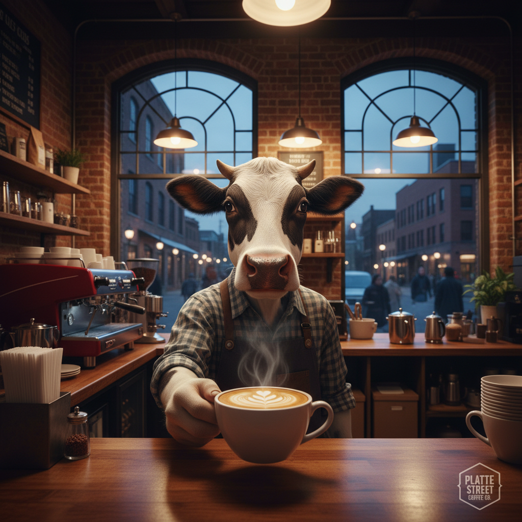 A cow just served you coffee on Platte Street.