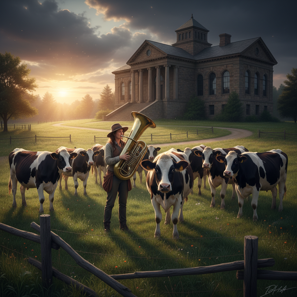 Someone serenaded the Agriculture Museum's cows with a tuba.