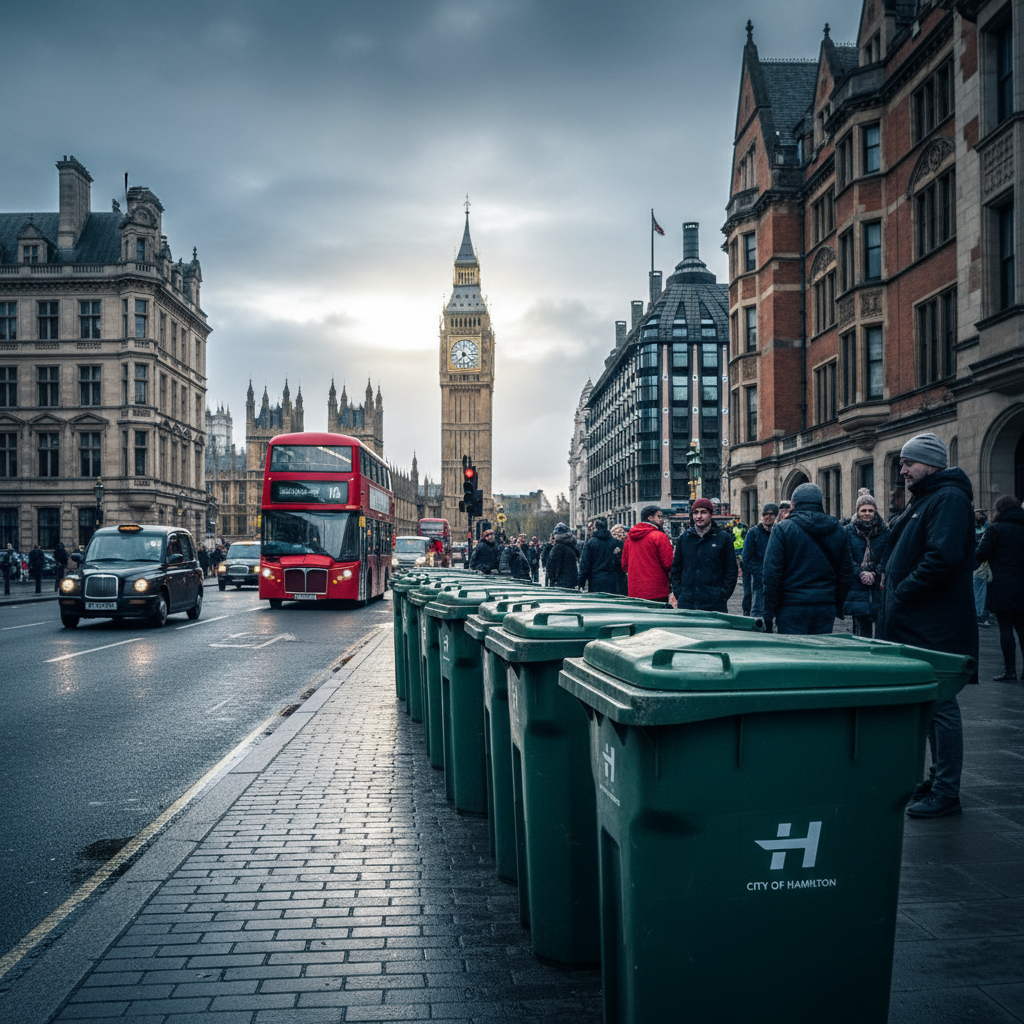 Your Hamilton trash cans just got famous in London.